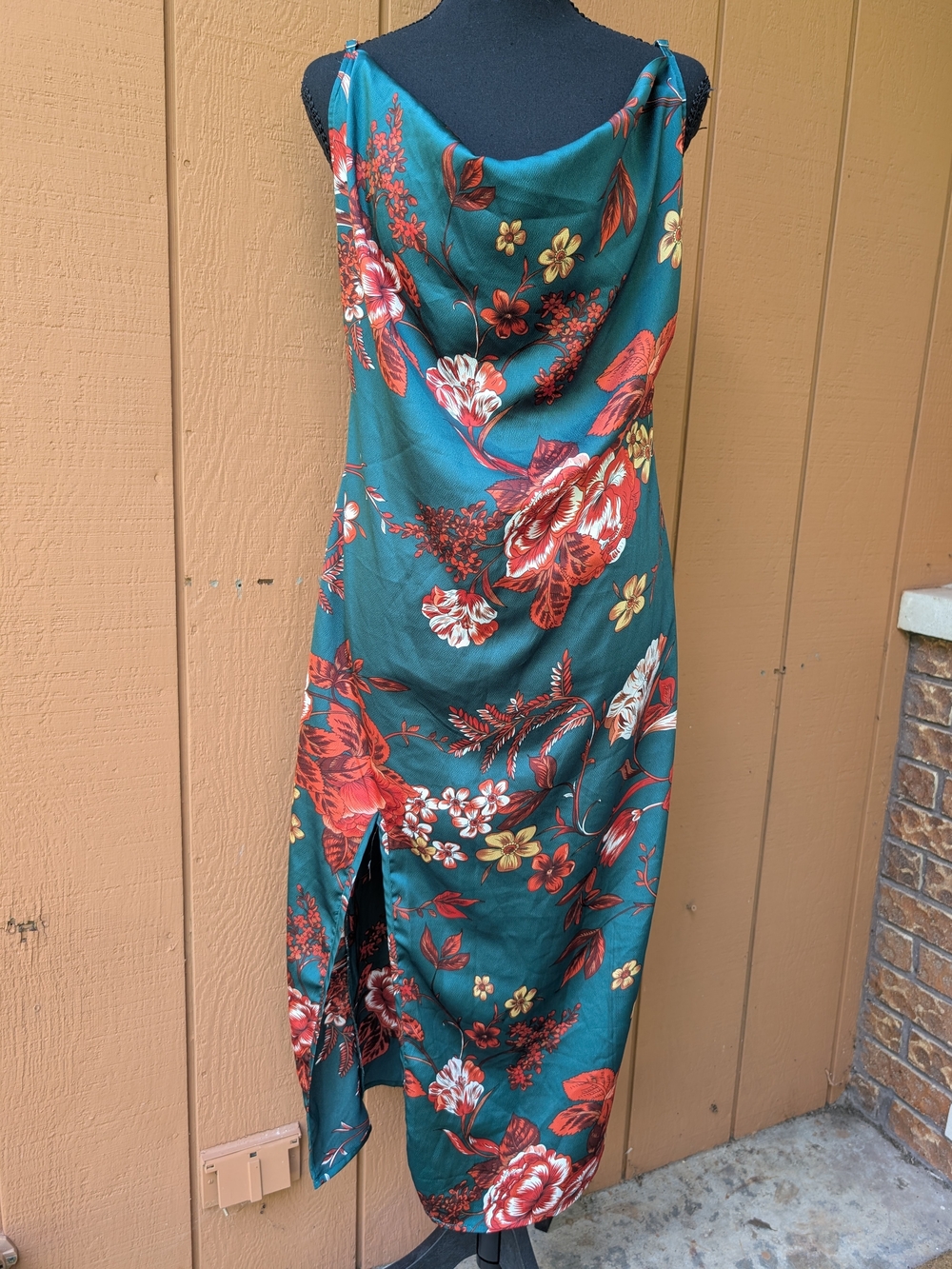PrettyLittleThing Teal & Red Floral Cowl Neck Slit Slip Dress Size 8